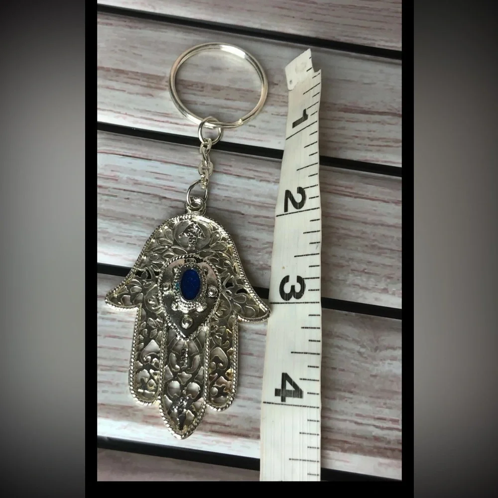 Hamsa Keychain Metal Hand Silver Tone Travel Souvenir Blue Accent New